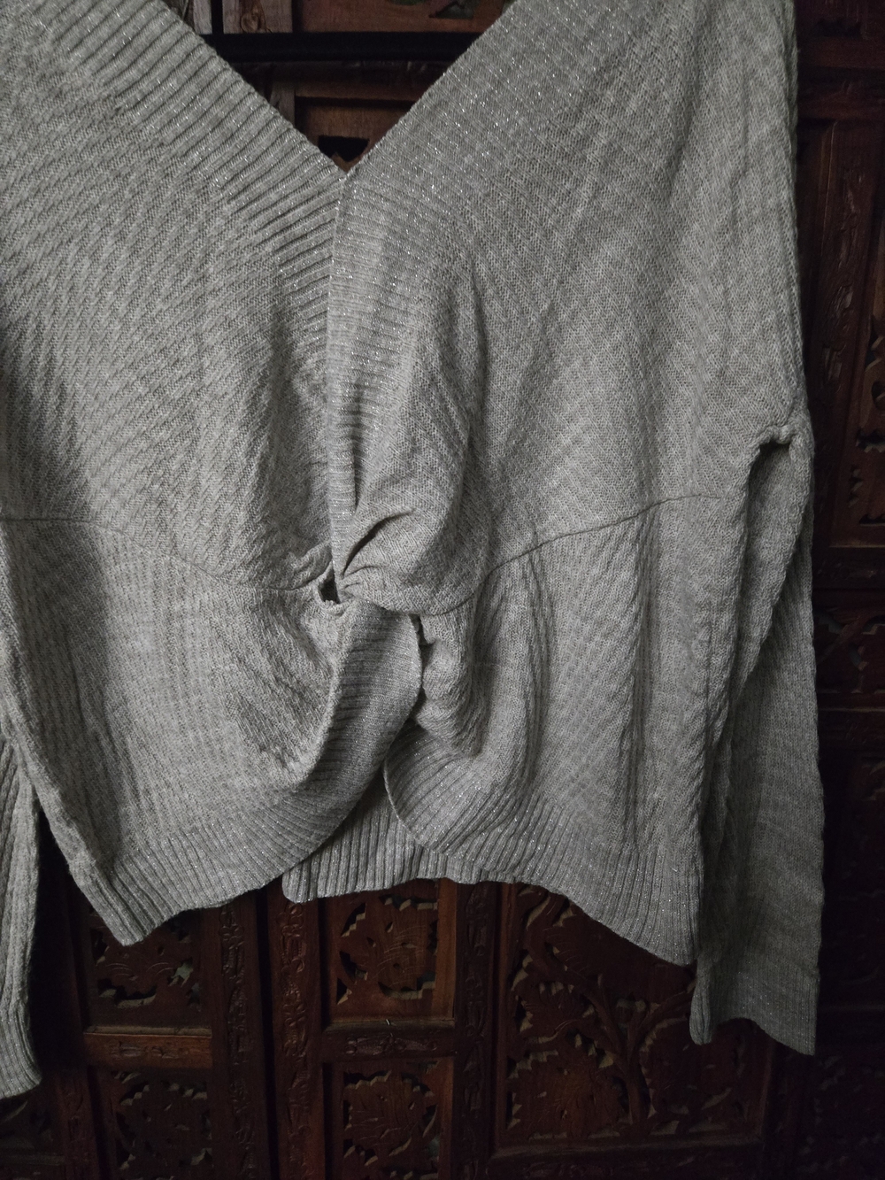 Maurices Light Gray Ribbed V-Neck Knotted Back Sweater - Picture 7 of 7